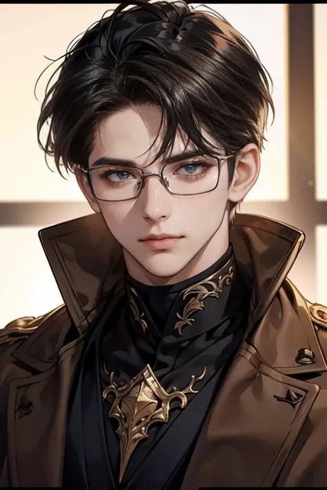 (tmasterpiece, high resolution, ultra - detailed:1.0), (1 boy, Young male), Eyes looking at the camera, Perfect male body, Extremely detailed CG, 8K wallpaper, Complicated details, solo person, Detailed face,(Black hair, brown coat,brown sweater, Glasses),...