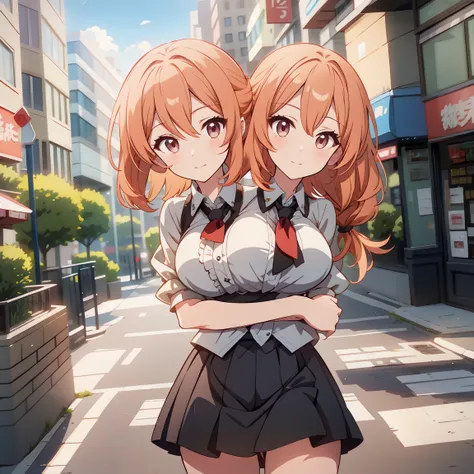 (masterpiece, best quality), best resolution, 16k, close-up, BREAK (2heads:1.5), ((cheek to cheek)),  anime couple in the middle of a street with buildings in the background, two beautiful anime girls, anime stylized, in anime style, stylized anime, anime ...