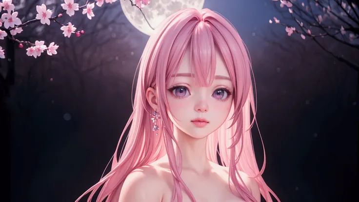 a beautiful fantasy full moon night, 1 full moon, pink cherry blossoms, detailed moon surface, dramatic lighting, ethereal, serene, dreamlike, soft pastel colors, delicate bokeh, highly detailed, masterpiece, (best quality,4k,8k,highres,masterpiece:1.2),ul...