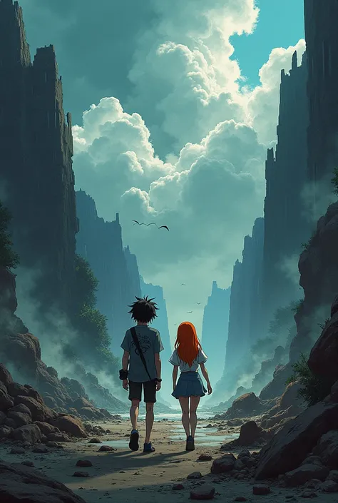 A black-haired man and an orange-haired woman live in a cruel world in a shattered world and travel everywhere with natural disasters as an anime style.