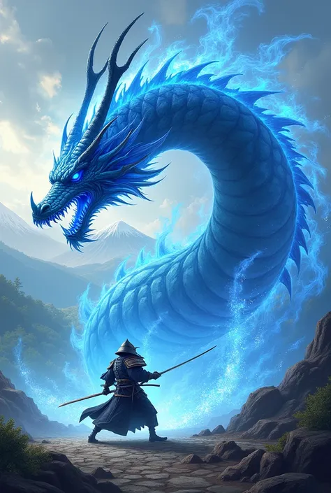 Create a blue Japanese dragon and samurai with blue fire.

