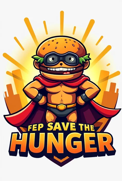 An animated superhero-themed burger logo, implying that we saved hunger