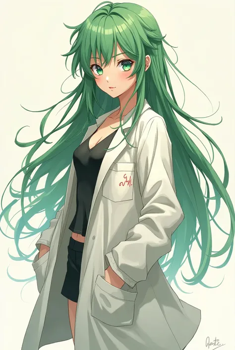 Alright...just make a profile pic of an green haired anime girl with a messy and unkempt green hair,with lab coat that she wears in a messy style...Uhhh,make her hair longer... maybe around lower back level,and make her figure more endowed and her face cut...