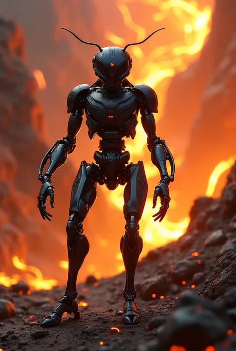 An cyborg ant infront of a lava