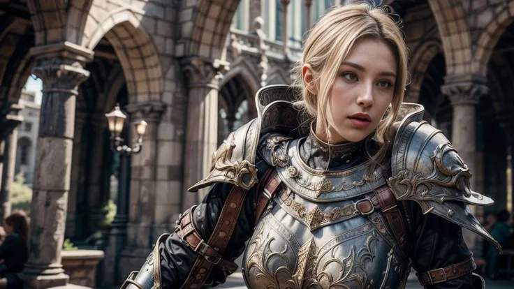 individual, Very beautiful blonde girl, Gorgeous armor，Complex patterns,, Very detailed,Large Breasts, deadly face, Mouth tightly shut，Sharp focus, In the background is a huge castle， Concept Art, Very detailed, Realistic, Octane Rendering, Unreal Engine, ...