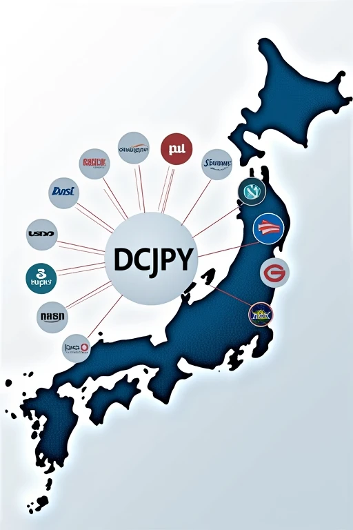 There is a DCJPY logo in the center.、Thirteen corporate logos radiate out from there.。Arrows point from each company logo towards DCJPY、Showing the flow of funds。A map of Japan is lightly drawn in the background.