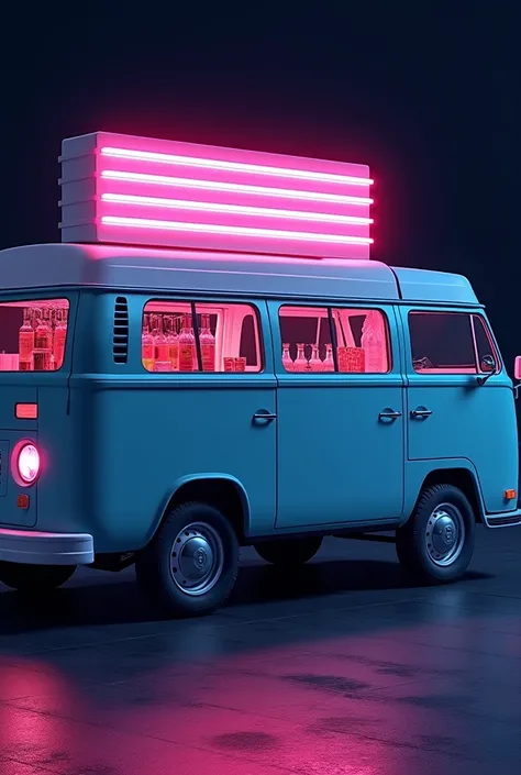 A VERY MODERN light blue van that has the style of a bar inside but serves outside, with liquor dispensers hanging from the ceiling, and a neon style (with pink light inside the van), along with a rectangular sign (Flat)  with pink neon horizontal bars, lo...