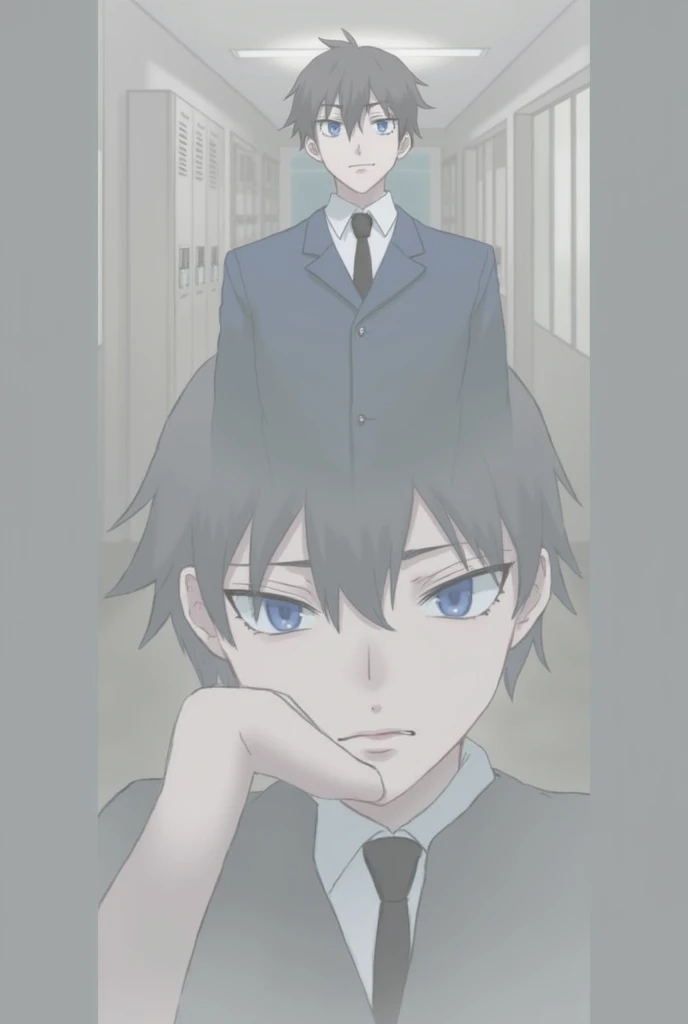 Dark brown hair, pale skin, men, blue eyes, looking slightly angry, blue uniform school with black tie, corridor school background 