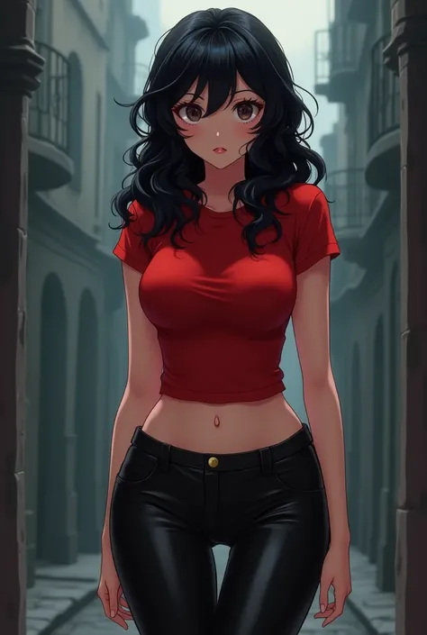 Girl with black hair. Curly red fitted t-shirt and leather leggings, anime,, big lips, Large boobs Girl from behind