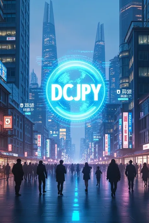 In a futuristic cityscape、A large hologram of DCJPY is projected.。People in the city々paying with DCJPY using a smartphone or wearable device。In the sky「New economic zone」The word &quot;Ichigo&quot; is floating.。