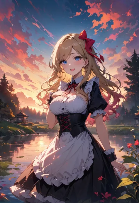 masterpiece, Super high quality CG, best quality, perfect picture, Colorful sunset，Lydia at the pond，1girl,solo, 2, Her height is 163cm, her weight is 45kg, F cup breasts, ( blond hair, makeup, eye shadow，blue eyes，red hair bow，Smile，looking at the audienc...