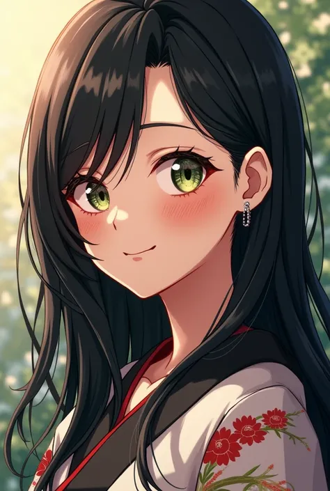 Masterpiece, best quality, {best quality}, {{masterpiece}}, {highres}, focus, anime style, a closeup of a cartoon of a woman, girl design, mara, portrait, giesha, anime image, long hair, black hair, heterochrome eyes, hair covering ears, happy, polished an...