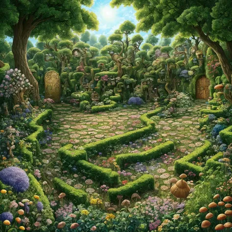 a painting of a maze with mushrooms and flowers in the middle, hedgemaze, maze, inspired by Jacek Yerka, maze-like, maze like, by Kerembeyit, by Jacek Yerka, by Tomek Setowski, by Eugeniusz Zak, jim woodring, by Alexander Kucharsky, kerem beyit