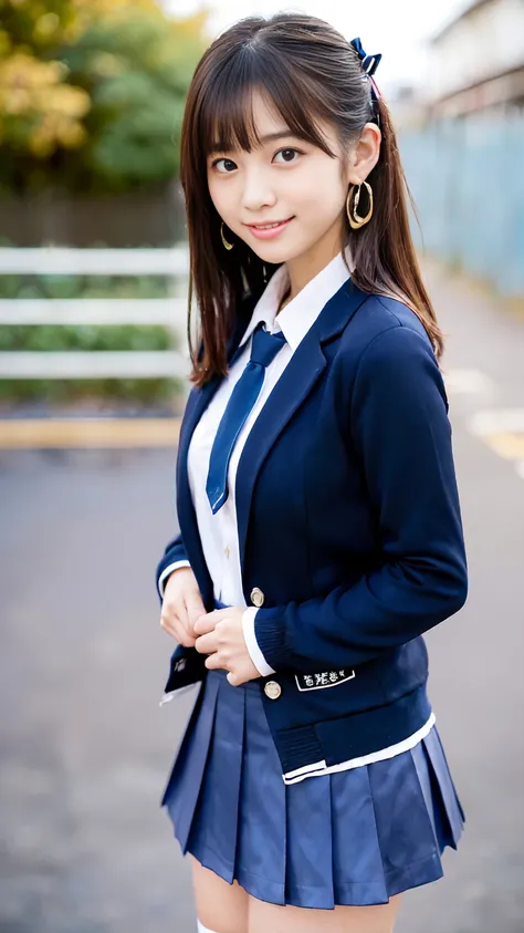 An 1 girl, cute, Cityscape, School classroom, Dark Brown Hair, Semi-long hair, Beautifully groomed eyes、((Double eyelids))、super cute girl, (((School born clothes、blazer、Long-sleeved shirts worn by Japanese high school girls、Ribbon tie、Dark blue mini skirt...