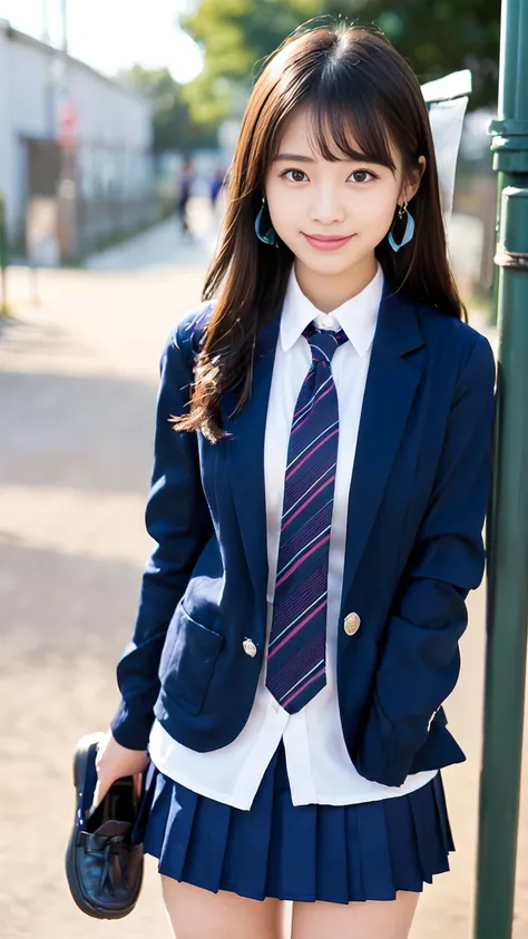 An 1 girl, cute, Cityscape, School classroom, Dark Brown Hair, Semi-long hair, Beautifully groomed eyes、((Double eyelids))、super cute girl, (((School born clothes、blazer、Long-sleeved shirts worn by Japanese high school girls、Ribbon tie、Dark blue mini skirt...