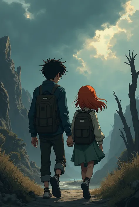 A black haired guy and an orange haired girl live in a cruel world in a broken world and travel everywhere there are natural disasters it&#39;s more of an anime style adventure but still have a drama style the guy looks old like you did just now and travel...