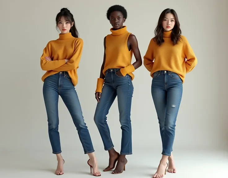 Photorealistic。((Sleeveless high neck sweater))and wore jeans((3 female models))。Model pose。Beautiful feet。Japanese woman with a ponytail on the left、A black woman with short hair in the center 、Brunette Spaniard on the right