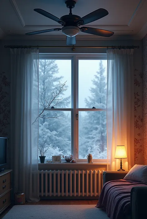 Create an image showing the transition from autumn to winter. In the foreground, depict a room with a ceiling fan turned on, symbolizing the onset of winter. Include a window view with a wintery scene outside, such as snowflakes gently falling or a light d...