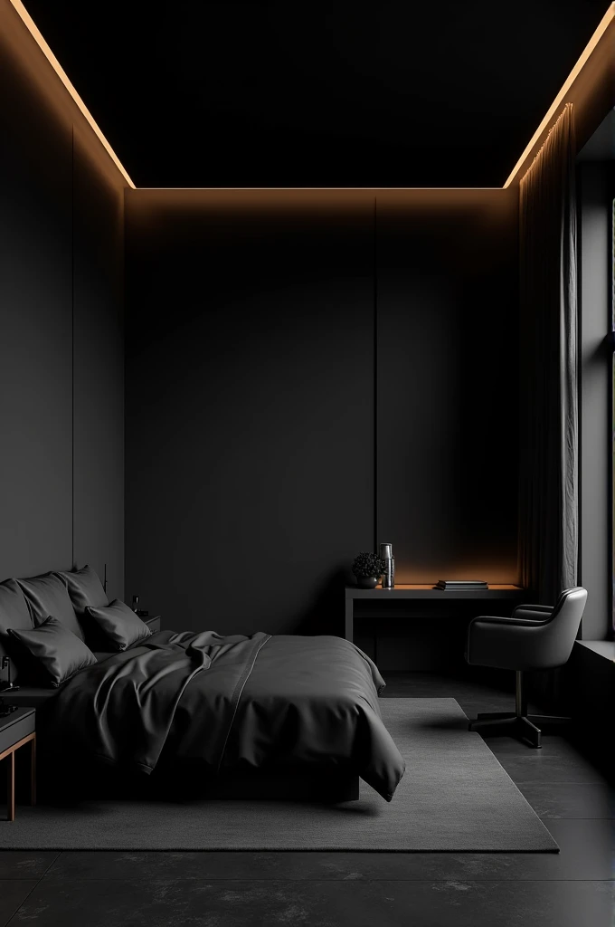 Make a black colour room,with line lights,a black luxurious bed,a study table on the right side,