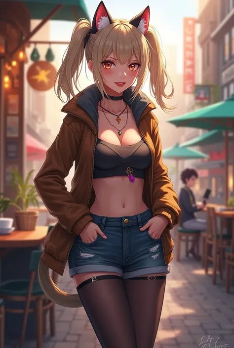 Please put on black stockings in a casual outfit of a cat girl OL anime。Please draw the background as someone drinking coffee at a cafe in town.。Please draw her tall and in a model-like style.。Please draw it in a bright way.。Please draw her with long hair ...