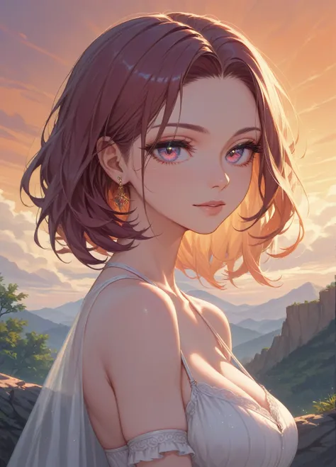 (masterpiece) (detailed) (close up) (portrait) adult female girl, brilliant sky, beautiful eyes, seductive look, loving gaze, cliff sunset background, sitting