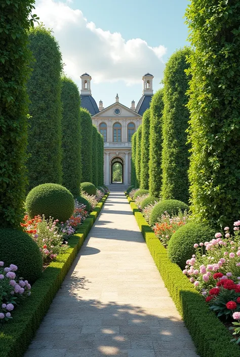 French Garden cover page design with 
Characterized by grandeur, with formal and symmetrical layouts using shrubs, clipped hedges, and flowering plants