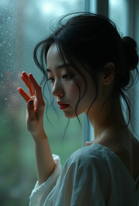 masterpiece, best quality,8k resolution,realistic,, 1 girl, Crying, girl wiping glass