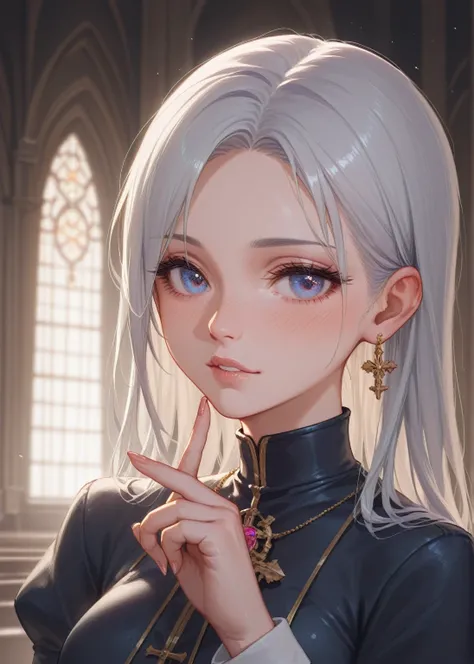 (masterpiece) (detailed) (close up) (portrait) adult female assassin girl, nighttime church  background, loving look, beautiful eyes, breasts, shushing with finger at lip:1.3, hushing:1.3