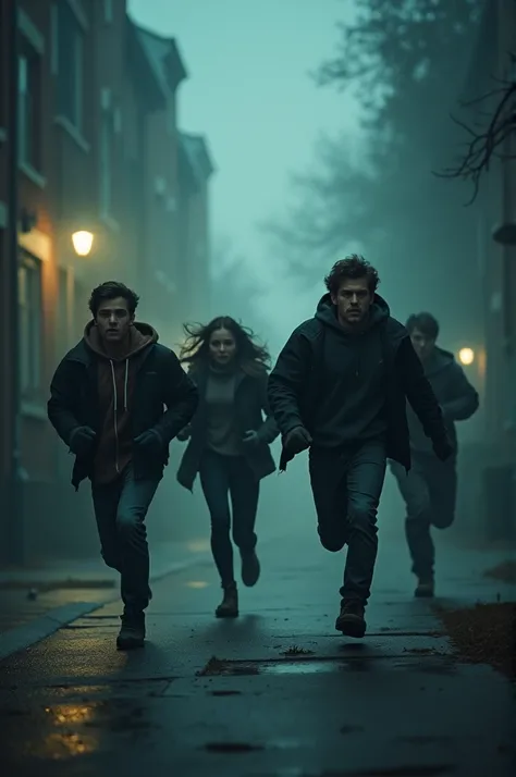 Horror, thriller university student (3 guys 1 girl) running
