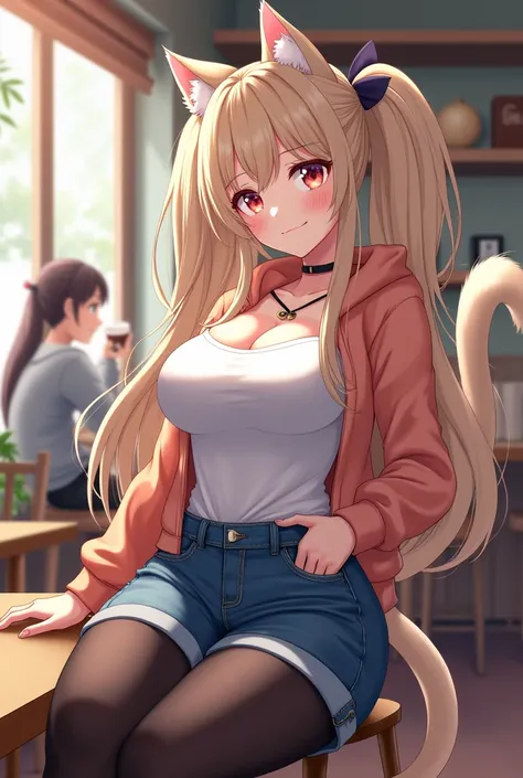 Please put on black stockings in a casual outfit of a cat girl OL anime。Please draw the background as someone drinking coffee at a cafe in town.。Please draw her tall and in a model-like style.。Please draw it in a bright way.。Please draw her with long hair ...