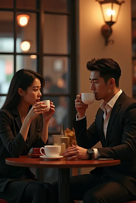 Korean muacle man drink coffee while date wearing suit