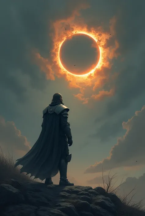 Warrior with simple armor, facing an eclipse

