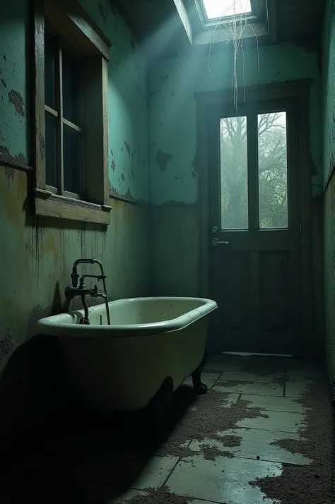 Example: "A dimly lit, cobweb-covered bathroom with an old rusty bathtub