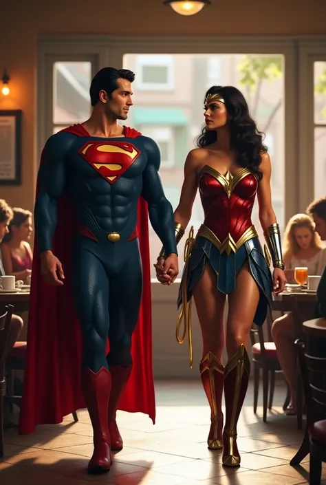 Superman and Wonder Woman walking hand in hand,cafe background,camera focus