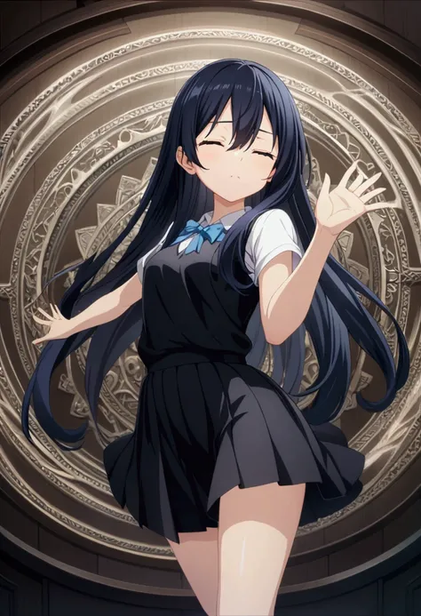 A girl with dark blue hair, hair between her eyes, long hair,
eyes closed, schoolgirl uniform, arms outstretched, magic circle behind the girl, trapping her, CG, screenshot