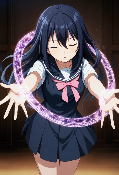 A girl with dark blue hair, hair between her eyes, long hair,
eyes closed, schoolgirl uniform, arms outstretched, magic circle behind the girl, trapping her, CG, screenshot