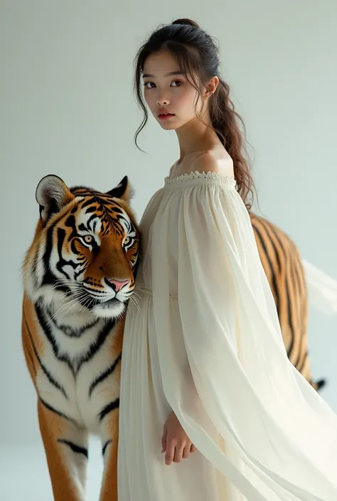 A beautiful young woman white dress, medium shot , looking at viewer,

Standing next to her is a majestic tiger, calm and protective,

white simple background , studio lighting , lighting on her skin ,

creating a serene and magical atmosphere, enhancing t...