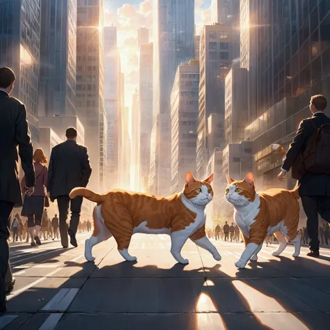 A fat, orange-and-white cat walks in the middle of a big city in the morning with soft sunlight shining down. People are walking by and rushing to work. Behind them are tall buildings. The sky shows clouds.