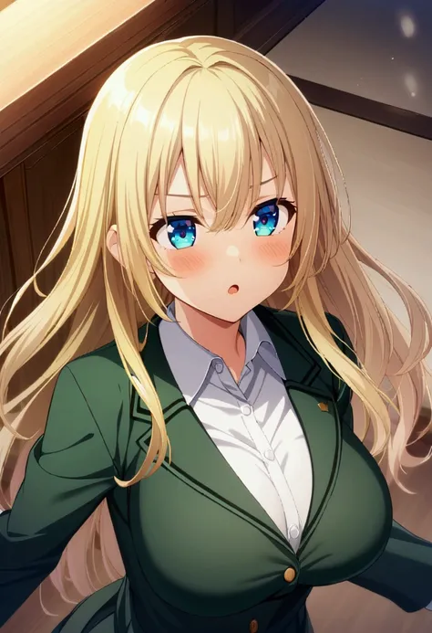 1girl, long blonde hair, blue eyes, 95cm breasts, green school uniform, CG