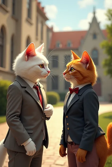 Ek smart white college cat jisne college dress pehni h  jo ek sexy ginger cat jisne sexy dress pehni h se bat krte huye seen college ka h dono attractive or smart lag rhe h 