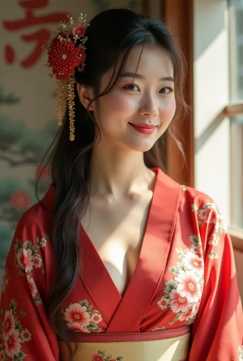 Japanese、Ample breasts、A diligent smile、Floral light cinnabar colored kimono、Angle from waist up、cool、Beautiful hairpin、Sunshine、８K、High resolution、Photo、From the knee up、Looks just like Mayoi Ebihara