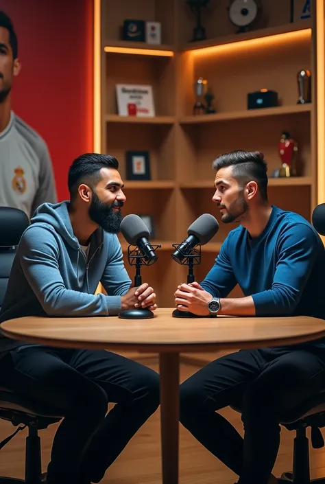 Generate an image where Virat Kohli and Cristiano Ronaldo doing podcast in Ronaldos youtube channel