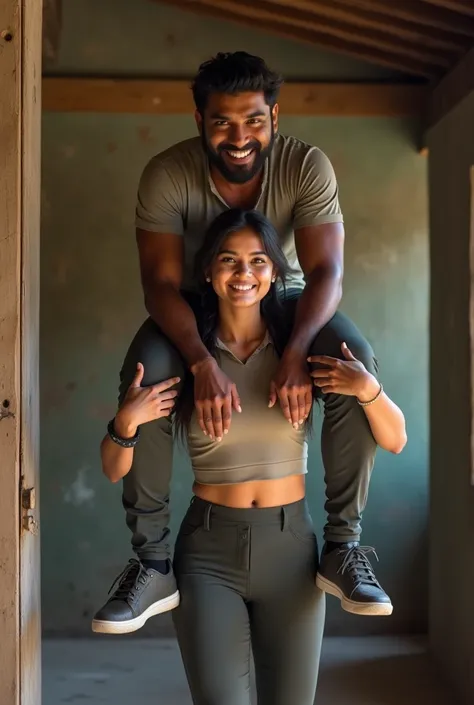 Create a realistic photograph of a smiling and beautiful sexy gorgeous Indian college girl with tied hair in hot uniform carrying a large stout indian man on her shoulder , in a old hut room, man is sitting on top of her shoulder, man on top, woman standin...