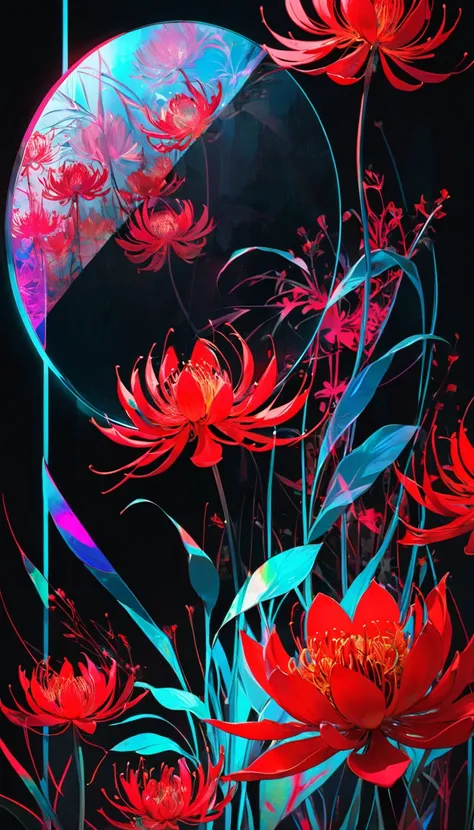 Black painted canvas, Simple Art, red spider lily flower painted with neon lights, Sharp outlines, Double Exposure, Transparent lotus flower reflection inside the outline, Holographic Coating, red spider lily Effect, 