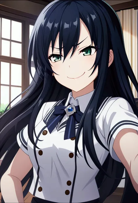 A girl with dark blue hair, hair between eyes, long hair, dark green eyes, mischievous smile, mischievous attitude, mischievous expression, smug expression, schoolgirl uniform, CG, screenshot