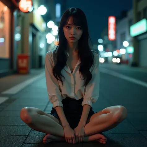 absurd realistic photo of a japanese girl with pink eyes wearing a loose blouse and a pencil skirt. siting on a sidewalk cross-legged at night, best quality, ultra realistic, perfect body, beautiful face, accurate details, cinematic