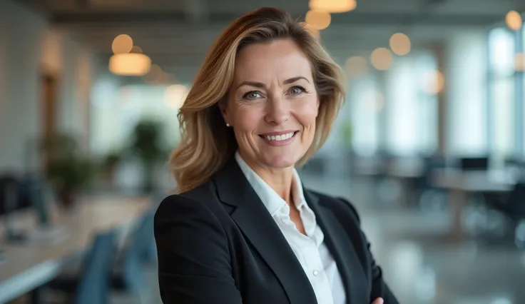 Mature smiling European 40s  years businesswoman professional standing confident in modern coworking office space. Headshot face portrait European business woman looking at camera indoors at office 