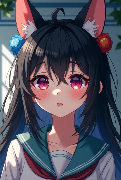 black hair, hair bobbles, wince, longeyelashes, solid circle eyes, fake animal ears, light smile, ear blush, fang, ccurate, Surrealism, drop shadow, anaglyph, stereogram, tachi-e, pov, atmospheric perspective, 8k, super detail, best quality, 4K