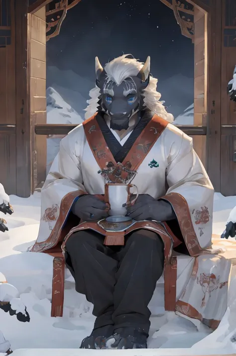 Best quality，Ultra HD，Second dimension style，Upper Body［Upper Body：1.9］，Zoom in on the character，The most exquisite eyes［The most exquisite eyes：2.1］，Exquisite facial features，Sitting in the snow，Male Black Dragon，White Hair，Blue Eyes，old，Physical fitness，...