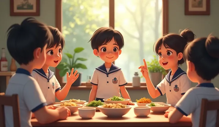 Thai school uniform, eating with family at home